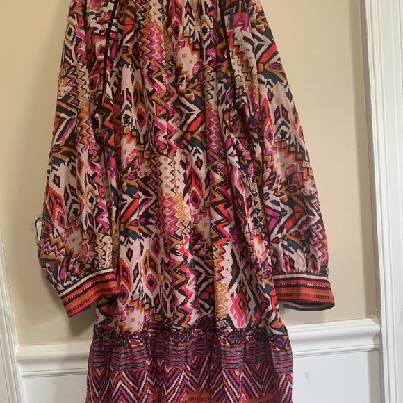 ZARA Boho Tunic Dress L Ikat Tribal Print Long Sleeve Button Cuff - Picture 8 of 15